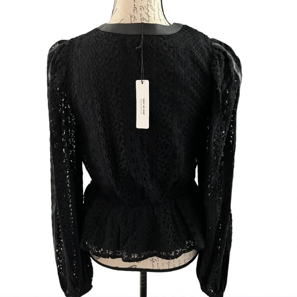 NWT Express Elegant Black Lace Peplum Faux Leather Trim Long Sleeve Top Black S